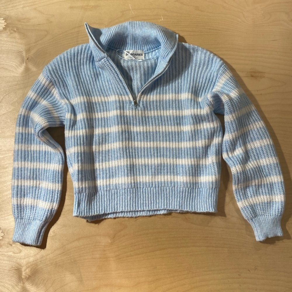 No Boundaries Light Blue and White Striped Turtleneck Zip Sweater Medium (EF)